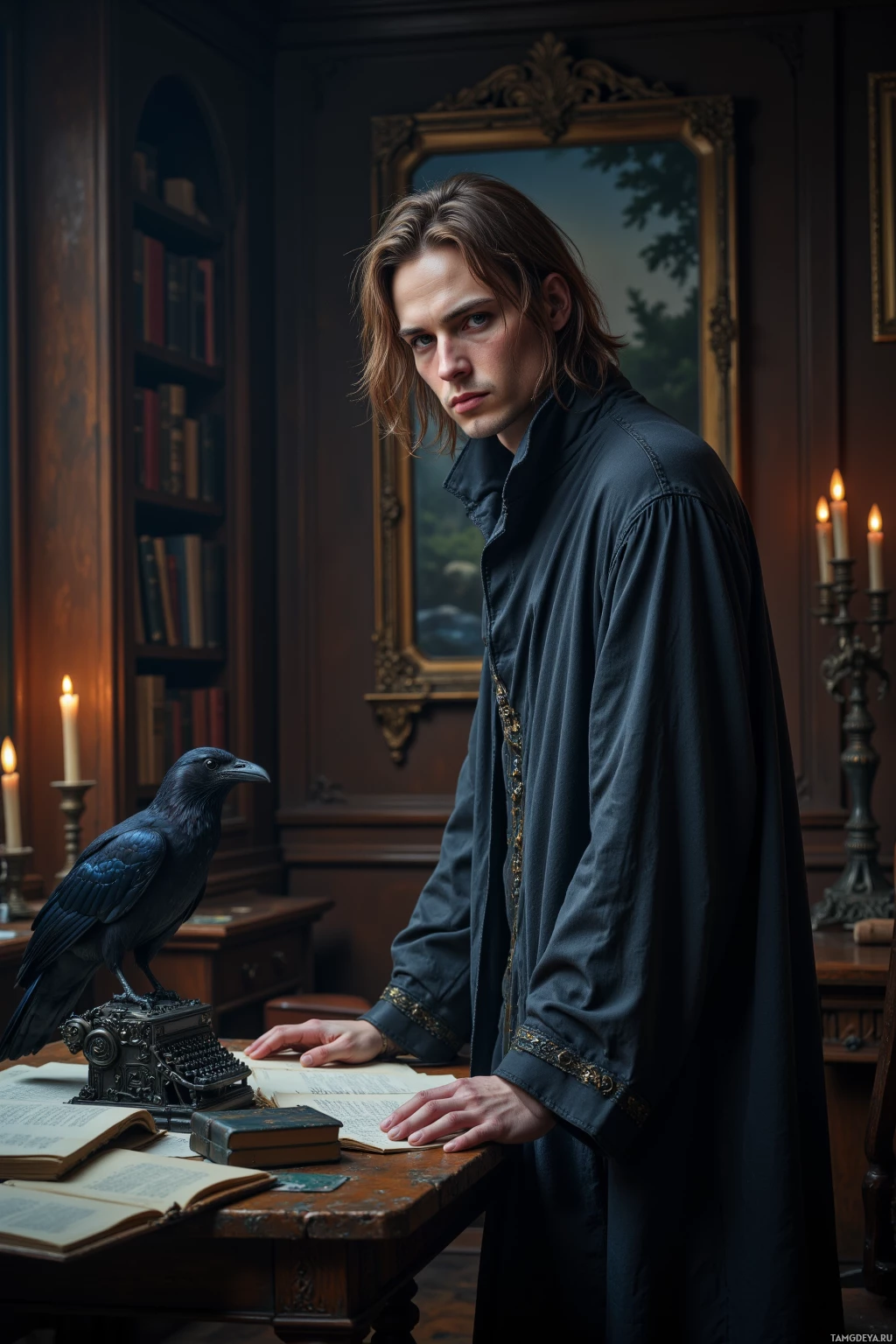 A man in a dark robe stands beside a desk with an open book, a typewriter, and a crow perched on the desk.