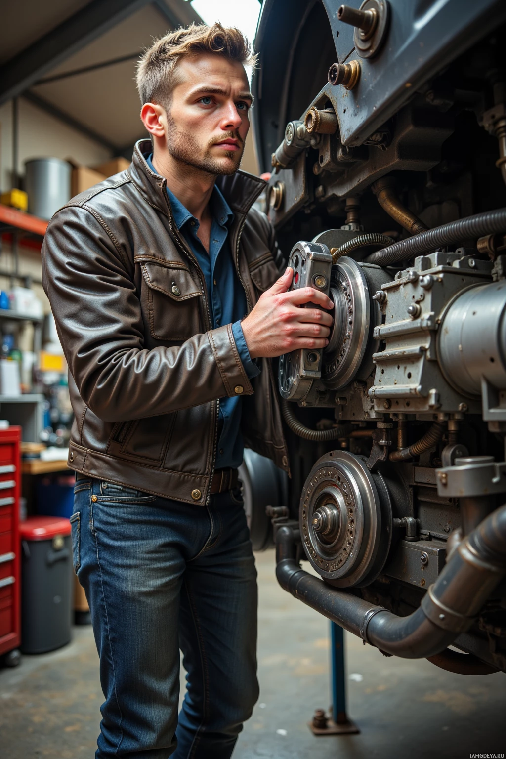 A man in a leather jacket and jeans works on a large mechanical engine in a workshop.