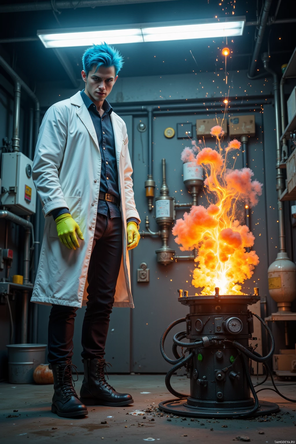 A person in a lab coat stands beside a glowing, sparking device in an industrial setting.