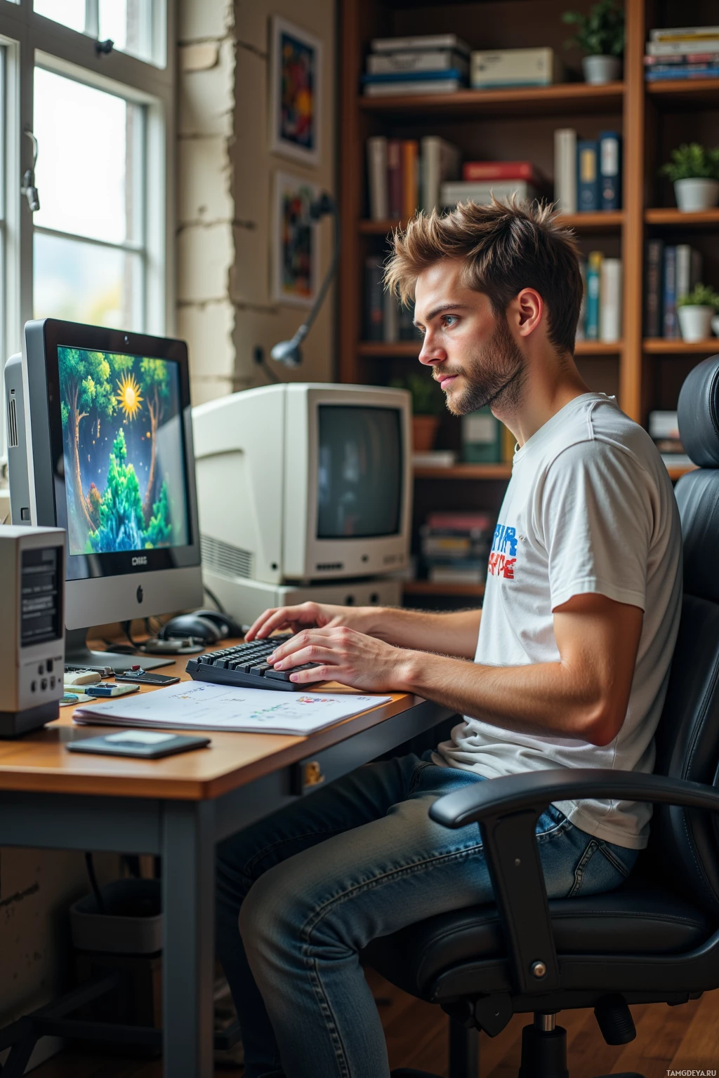 A man is sitting at a desk working on a computer in a home office setting.