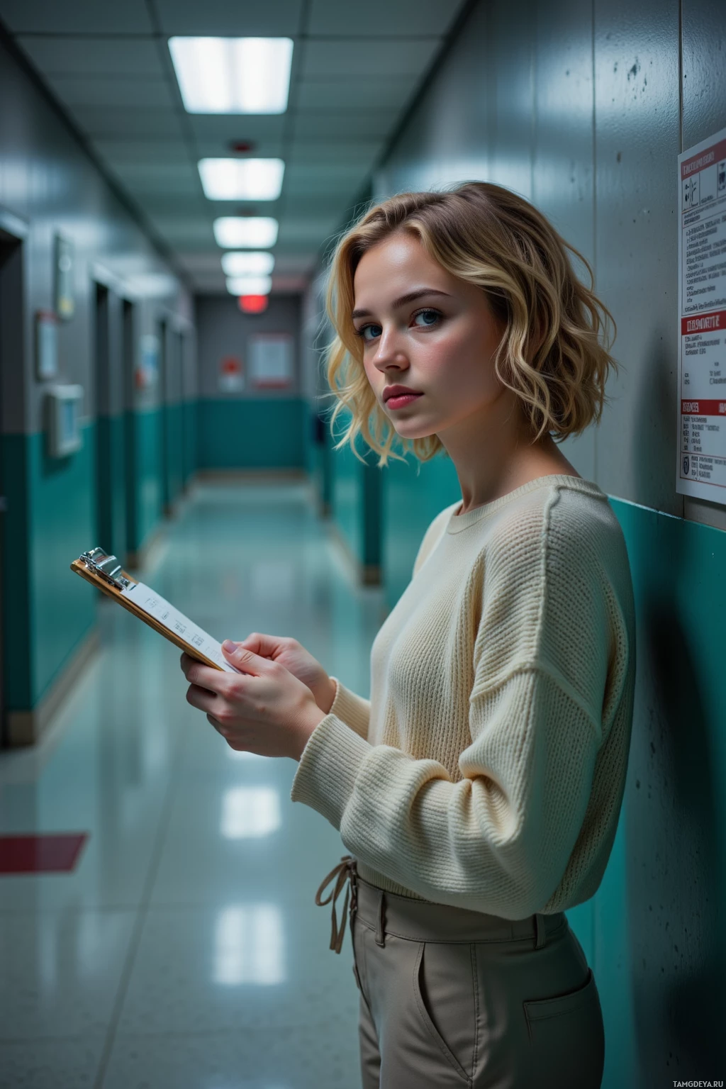A woman stands in a hallway holding a clipboard, wearing a light sweater and beige pants.