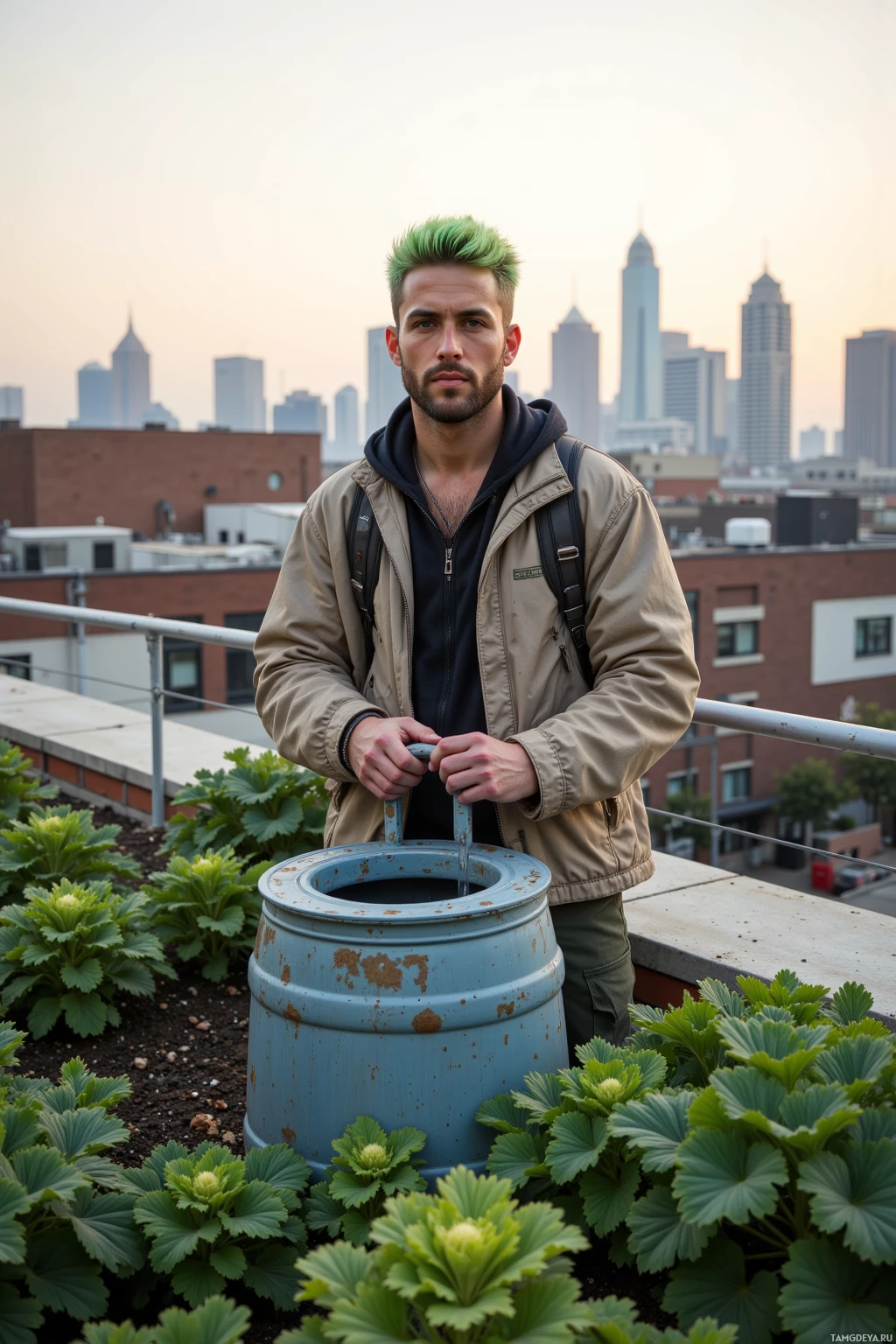 A person stands on a rooftop garden with a city skyline in the background.