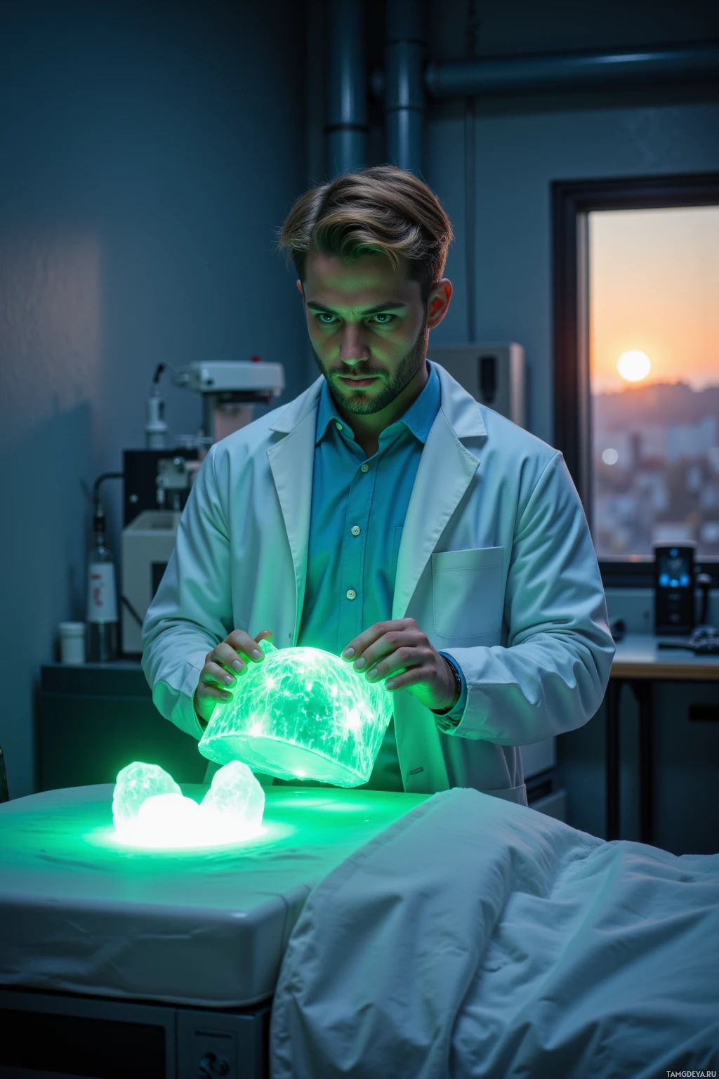 A scientist in a lab coat examines glowing green crystals on a table.