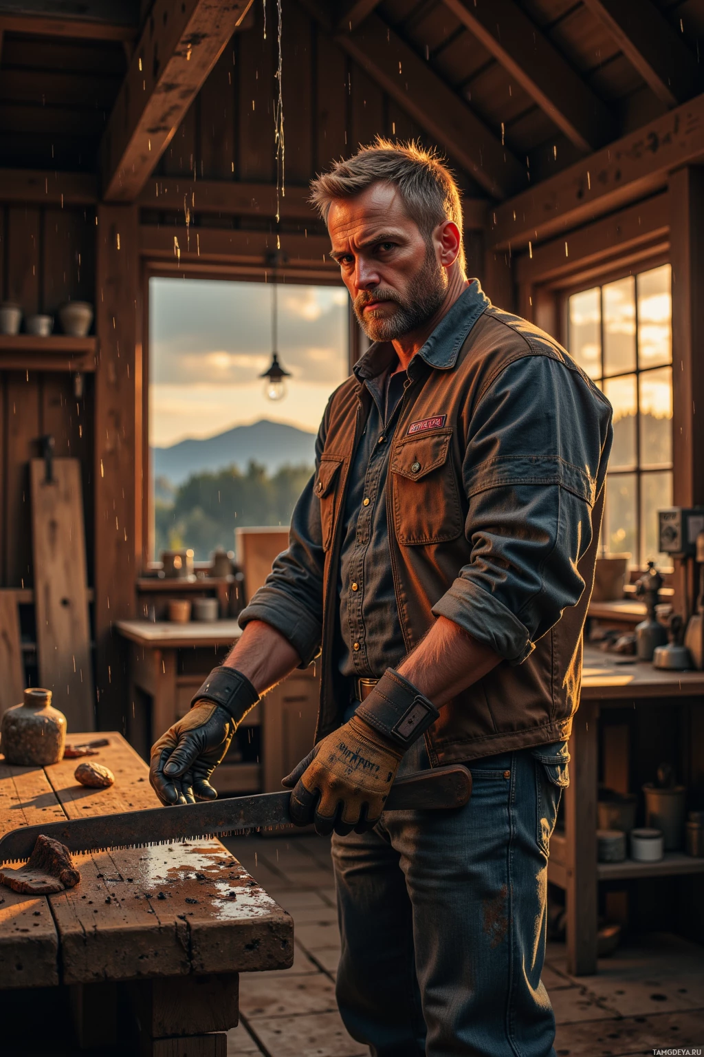 A man stands in a rustic workshop holding a saw, wearing gloves and a work shirt.