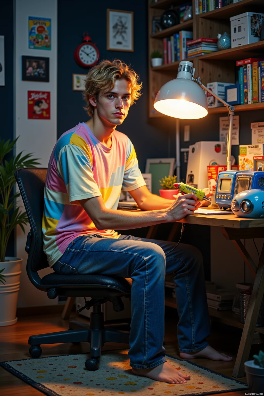 A person sits at a desk in a cozy room, holding a tool under a desk lamp.