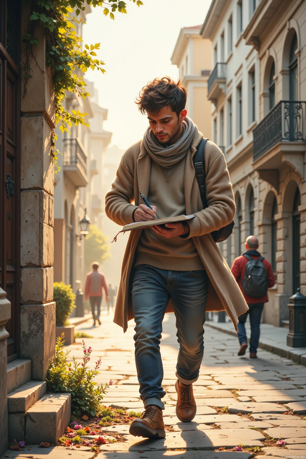 A man walks down a sunlit street, writing in a notebook.