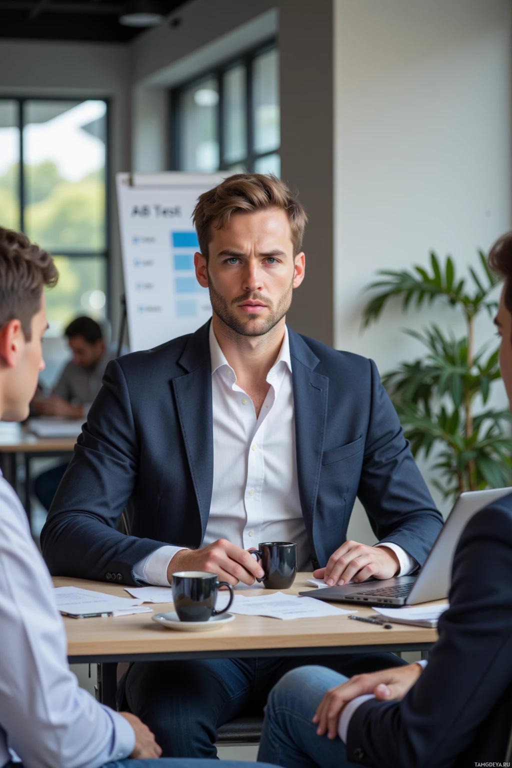 A man in a suit sits at a table in a meeting, holding a coffee mug.