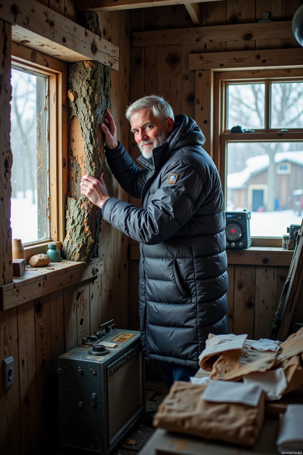 A man in a puffy jacket stands inside a rustic cabin, leaning against a wooden wall.