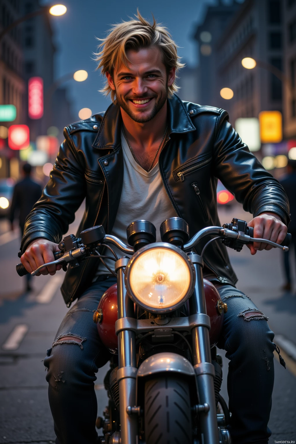 A man in a leather jacket rides a motorcycle on a city street at dusk.
