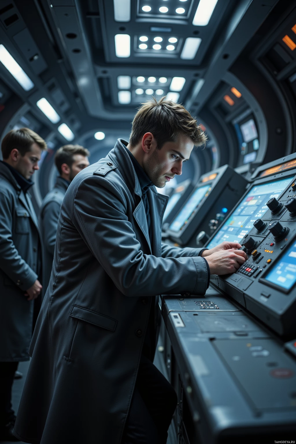 A man in a futuristic control room operates a complex console.