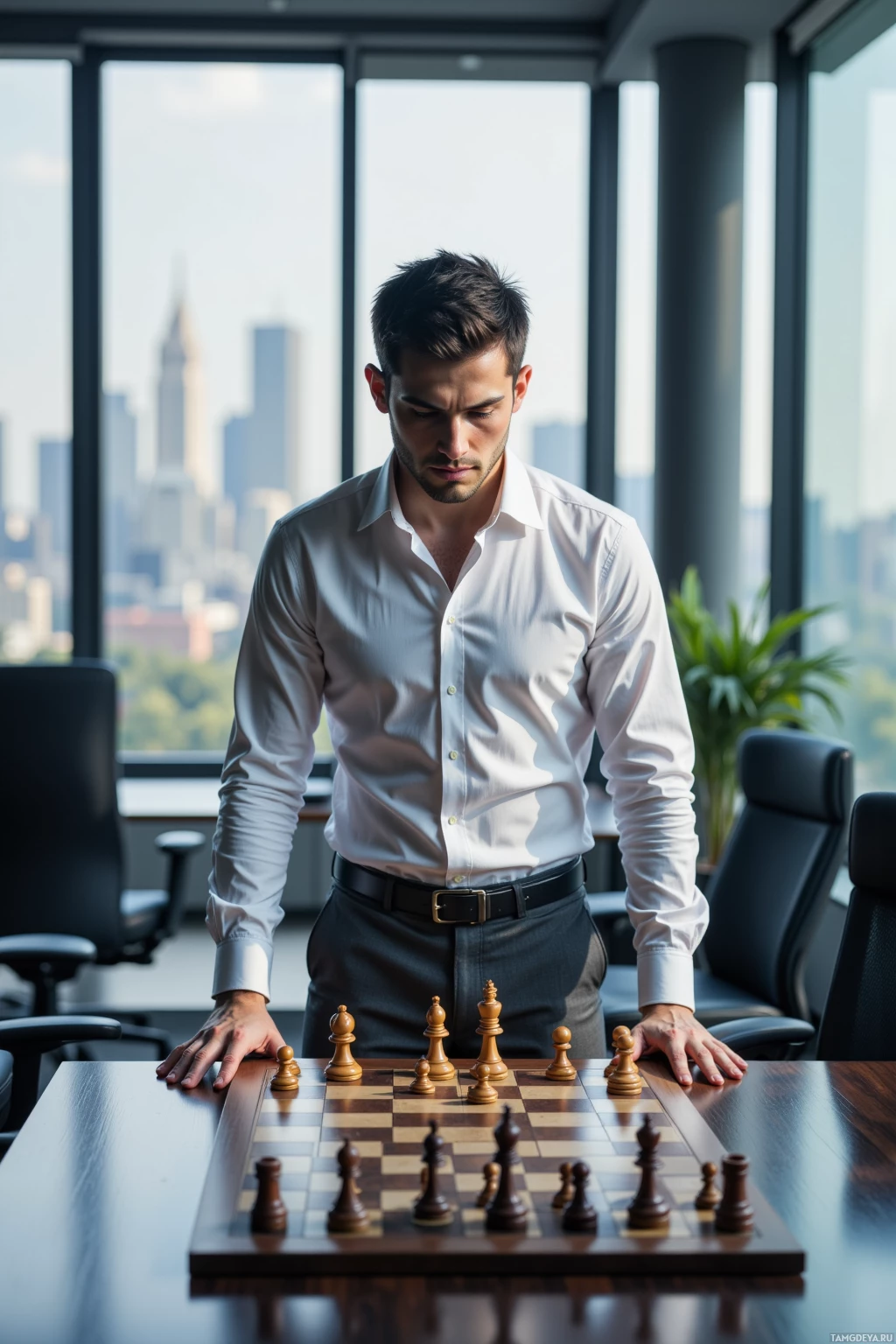 A man in a white shirt stands in front of a chessboard, looking down thoughtfully.