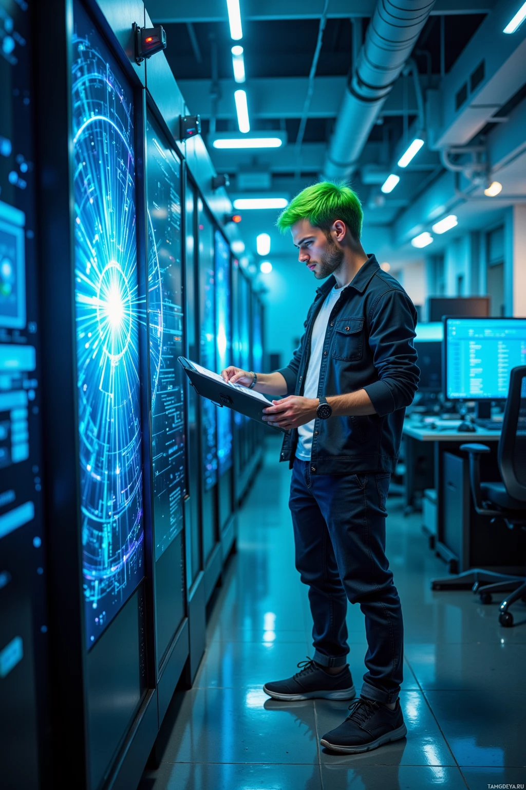 A person in a tech environment interacts with a large digital display.