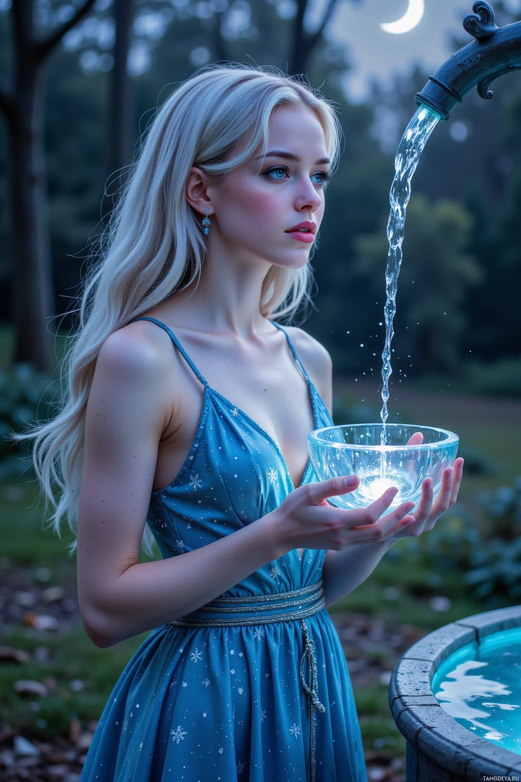 A woman in a blue dress holds a bowl as water pours from a fountain.