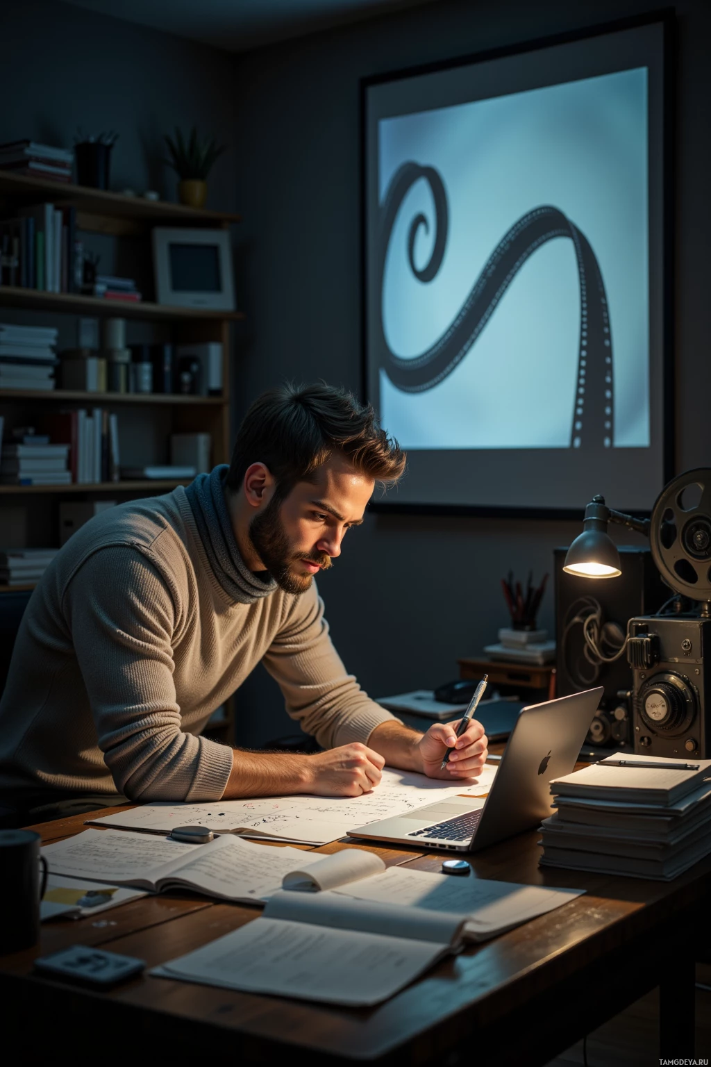 A man is working at a desk with a laptop, books, and a film projector in the background.
