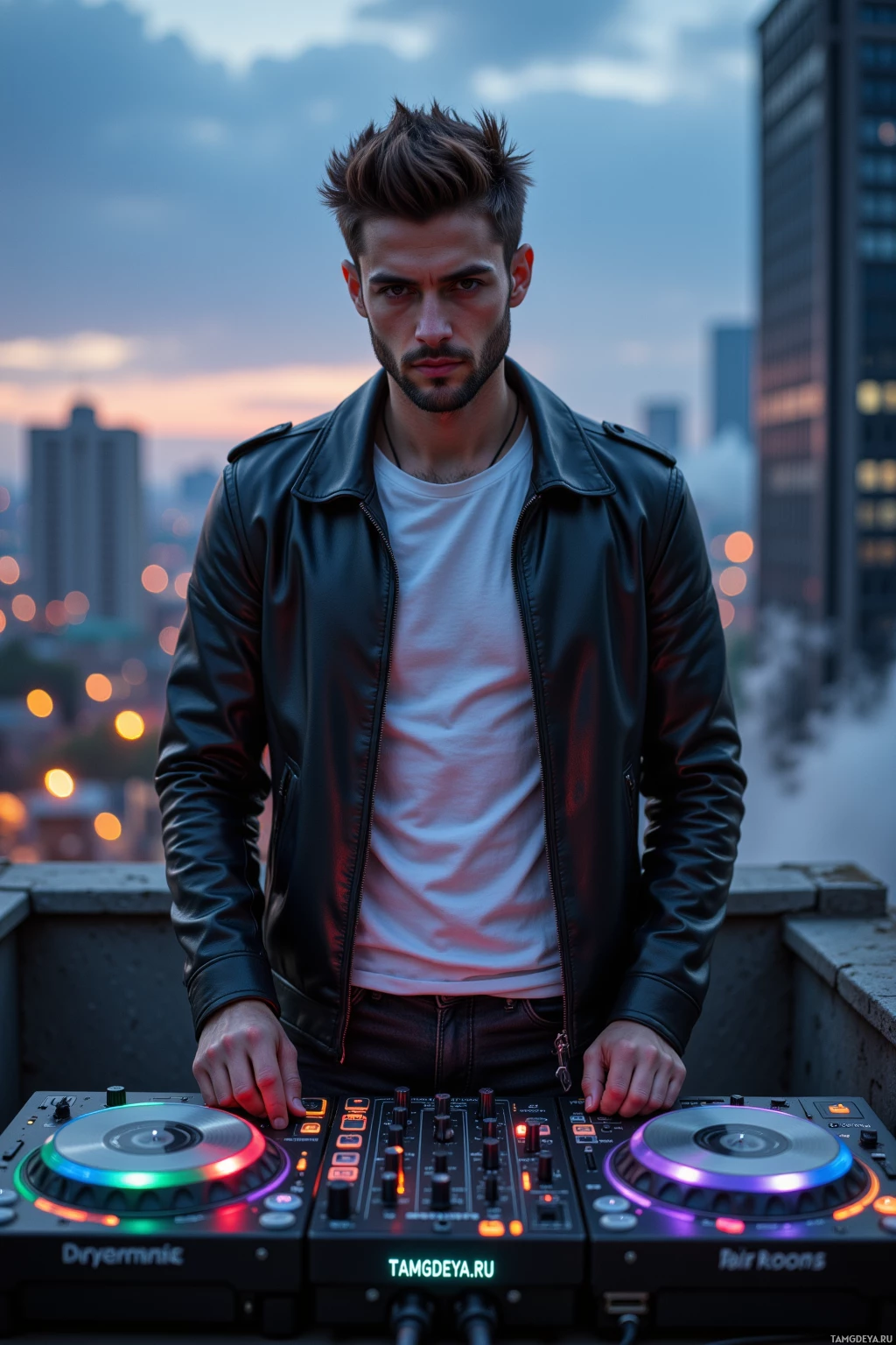 A man stands behind a DJ mixing console on a rooftop at dusk.