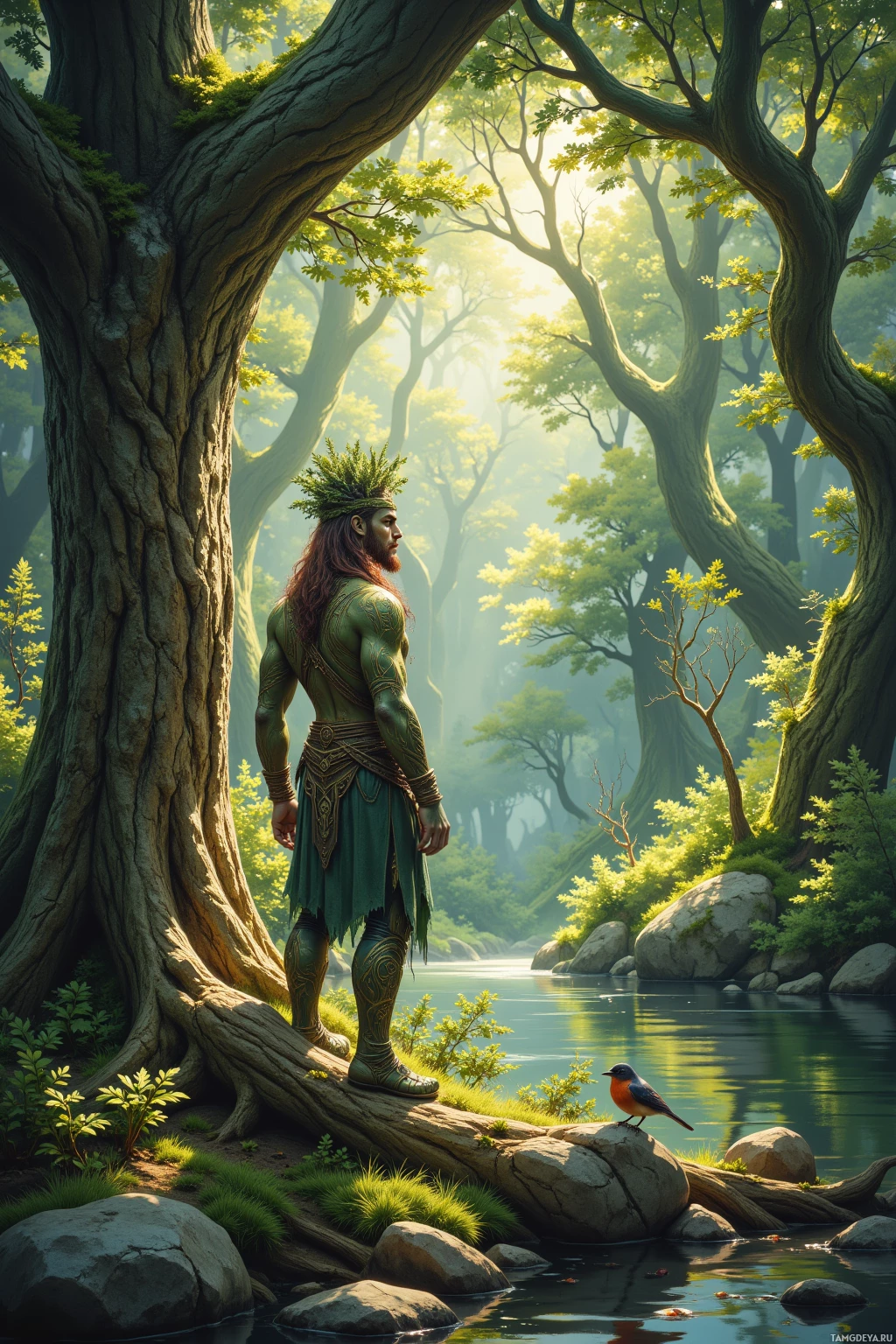 A muscular man with a leaf crown stands beside a river in a lush forest.