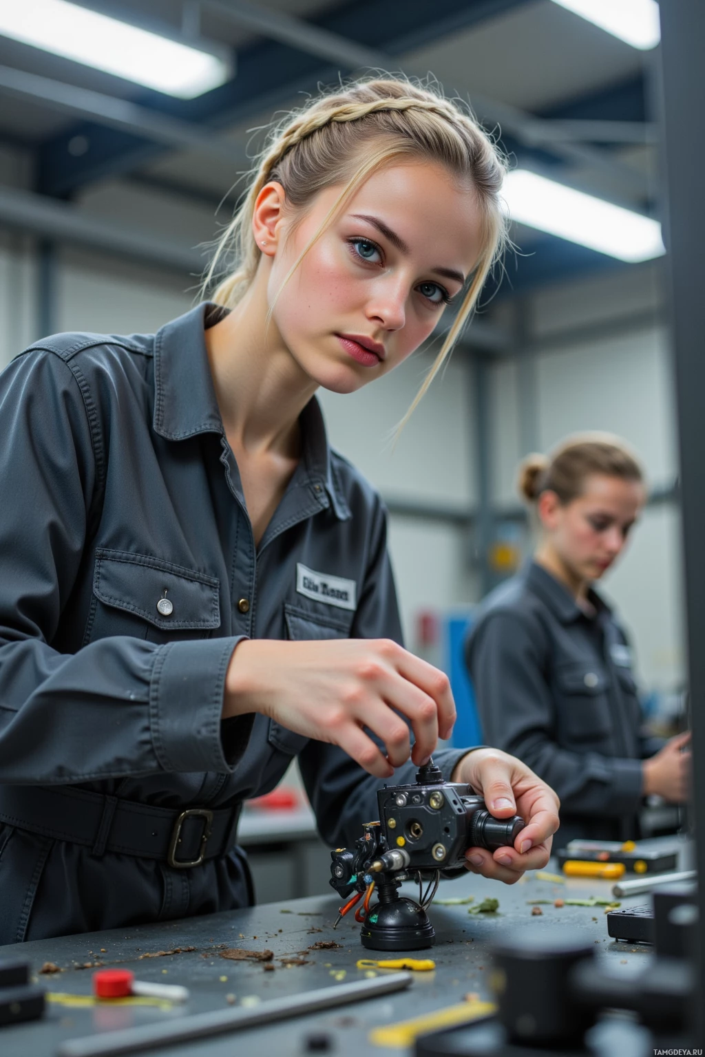 A woman in a workshop setting is working on a mechanical device.