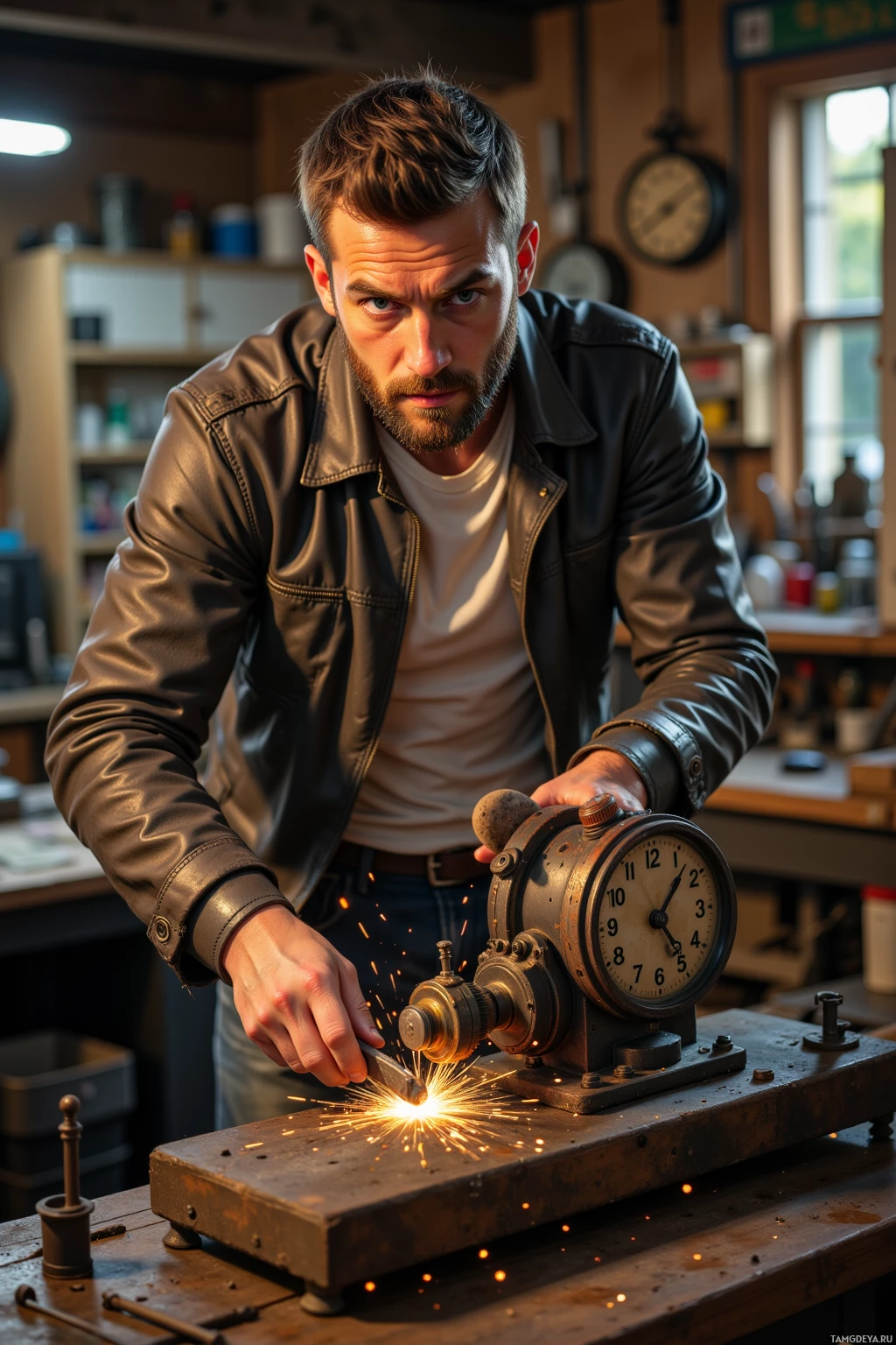 A man in a leather jacket works on a machine in a workshop, with sparks flying.