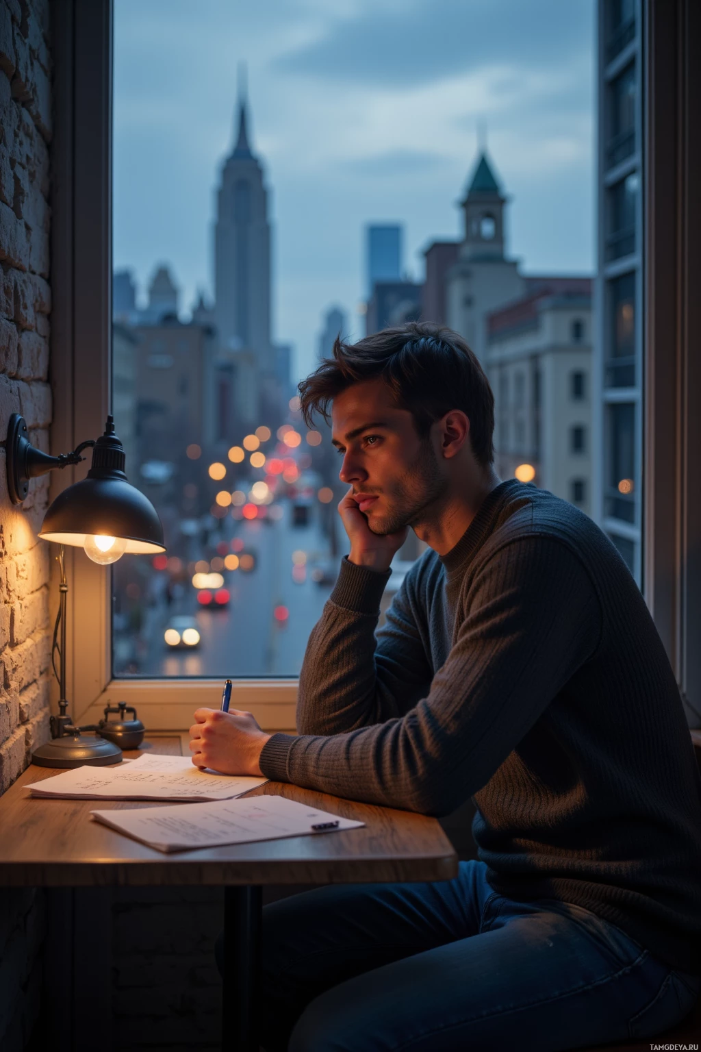 A man sits at a desk by a window, writing, with a cityscape and evening lights in the background.