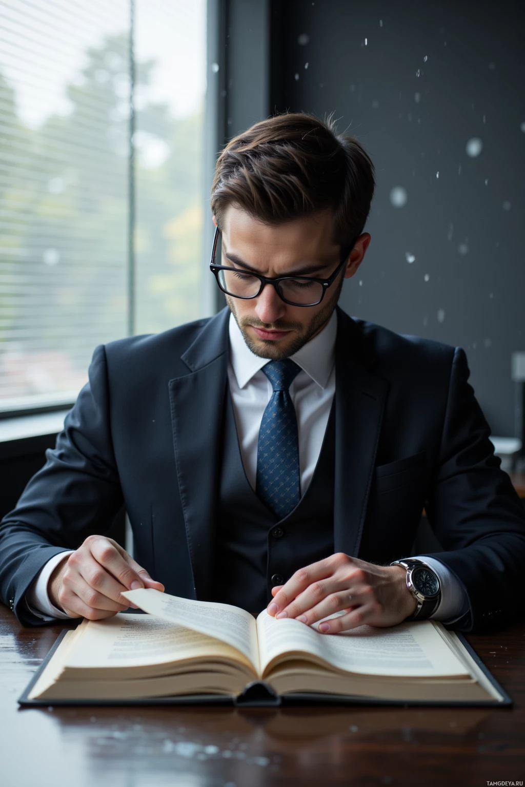 A man in a suit is reading a book at a table.