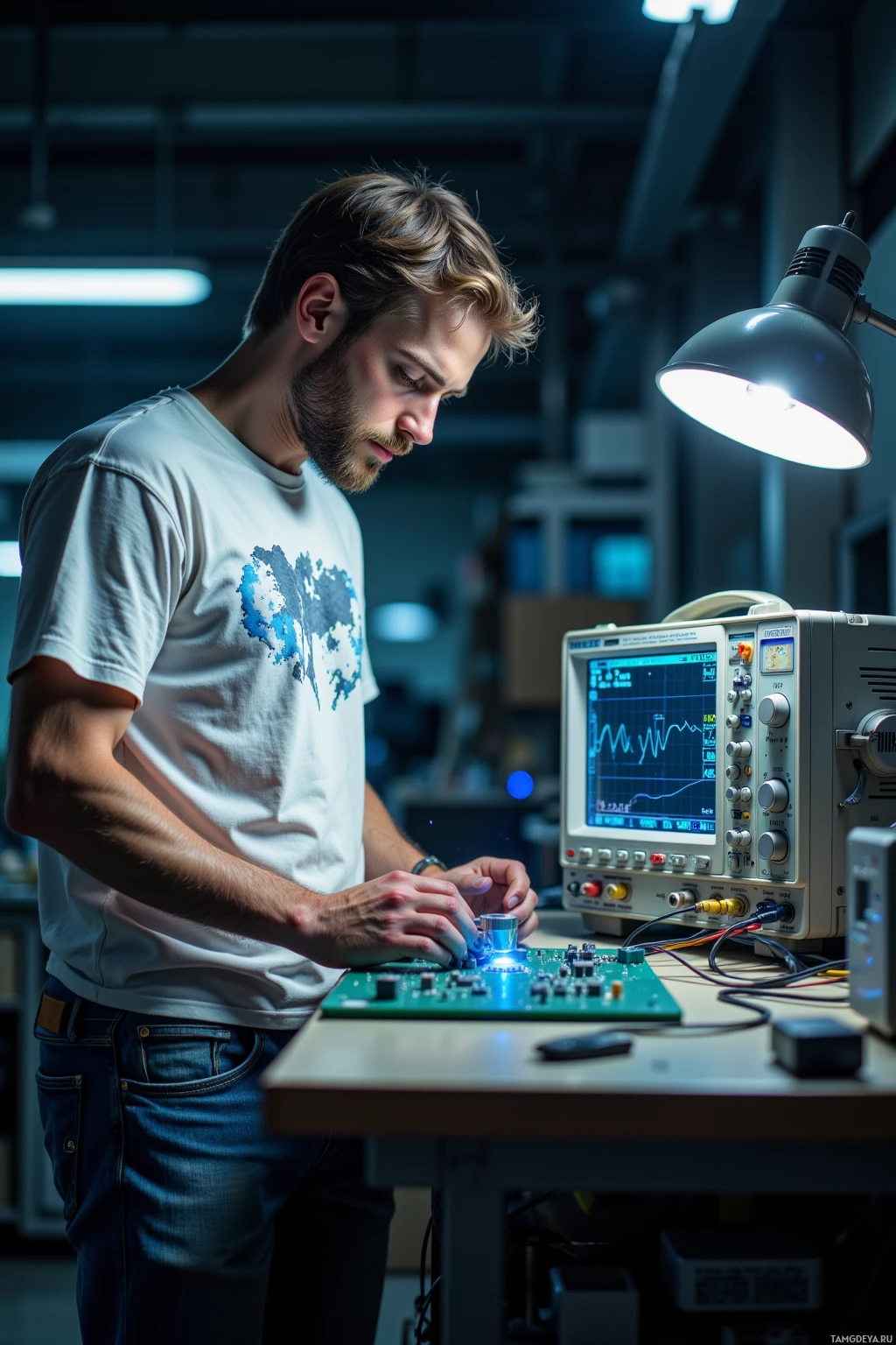 A man is working on a circuit board in a lab setting.