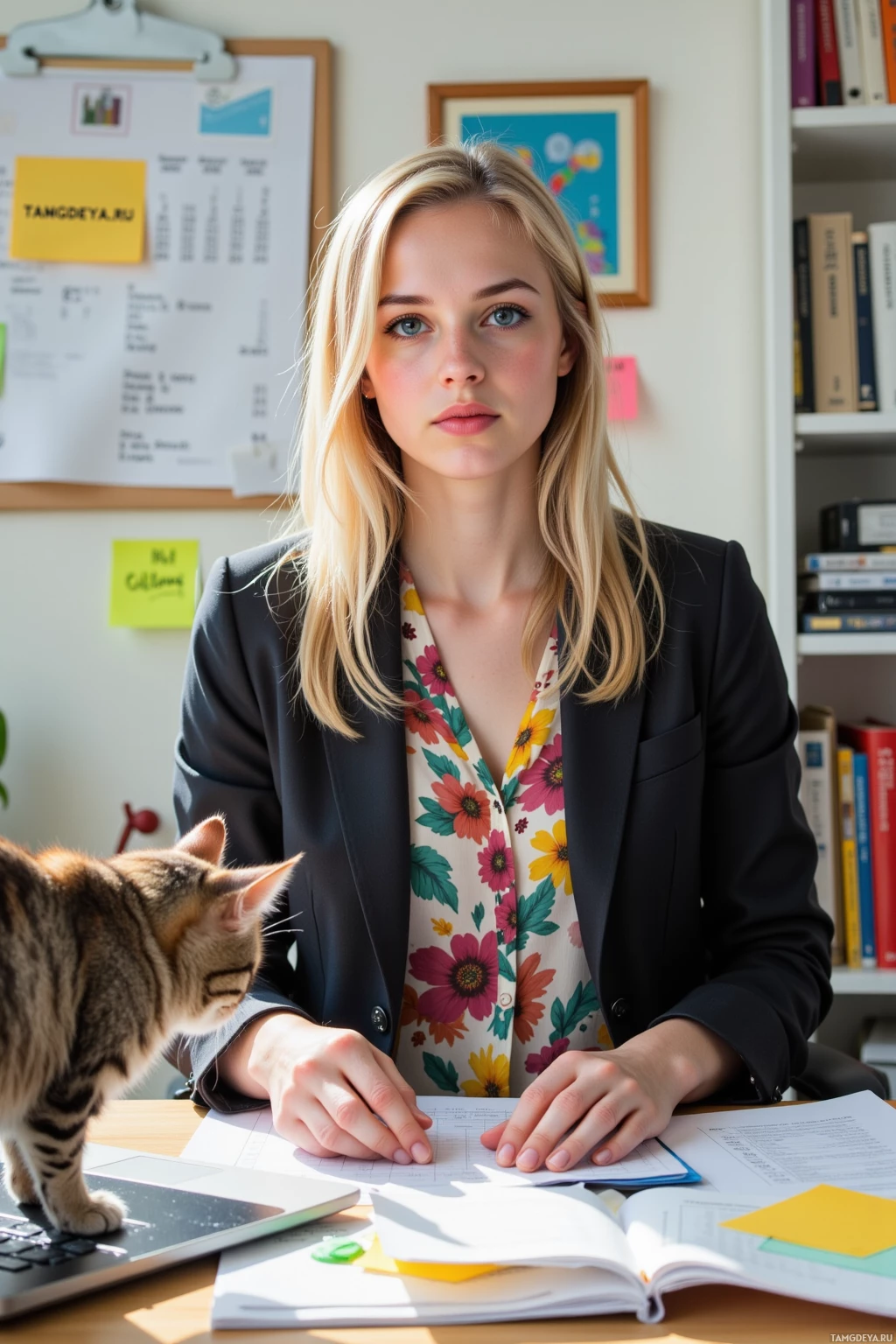 A woman in a professional setting with a cat on her desk.