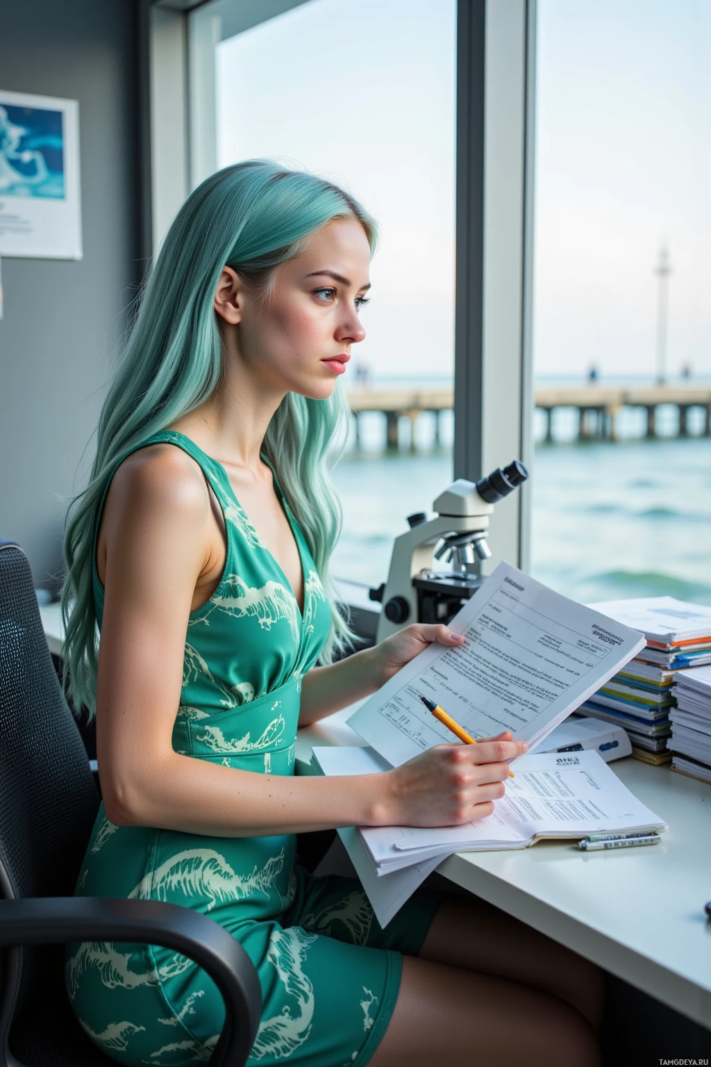 A woman with teal hair sits at a desk by a window, reviewing documents.