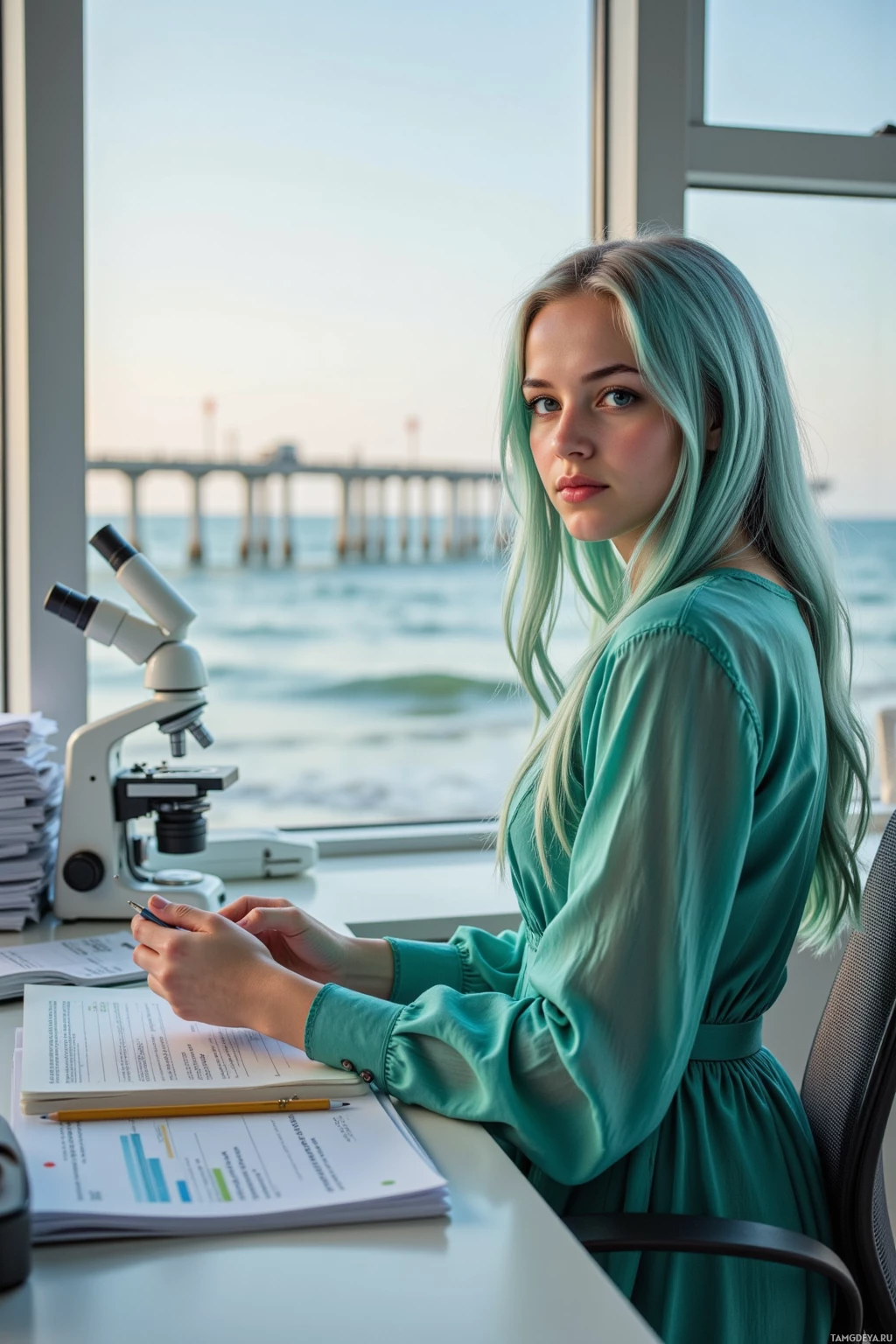 A woman in a green dress sits at a desk with a microscope and papers, overlooking a scenic view of the sea and a pier.
