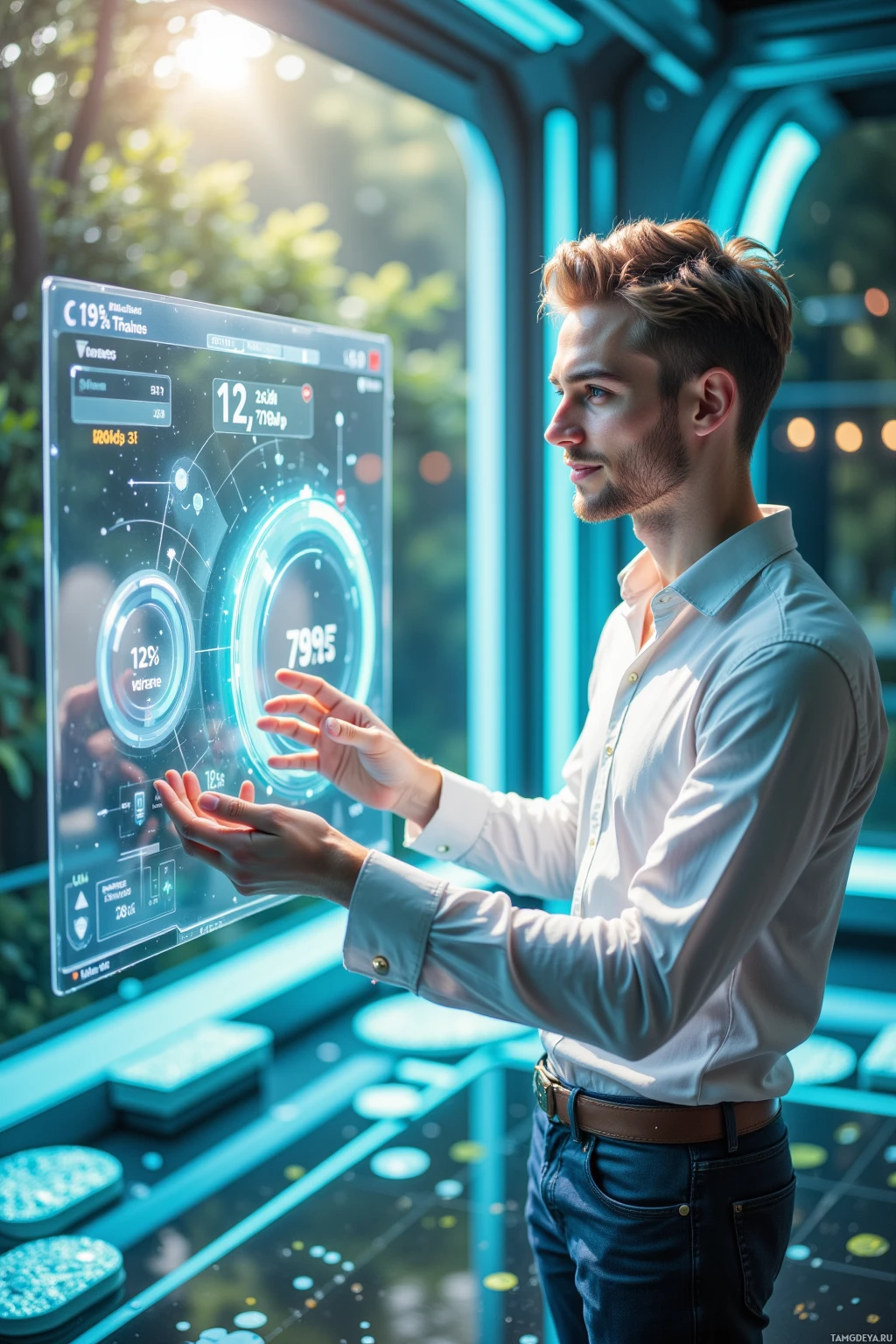 A man interacts with a futuristic digital interface in a modern setting.