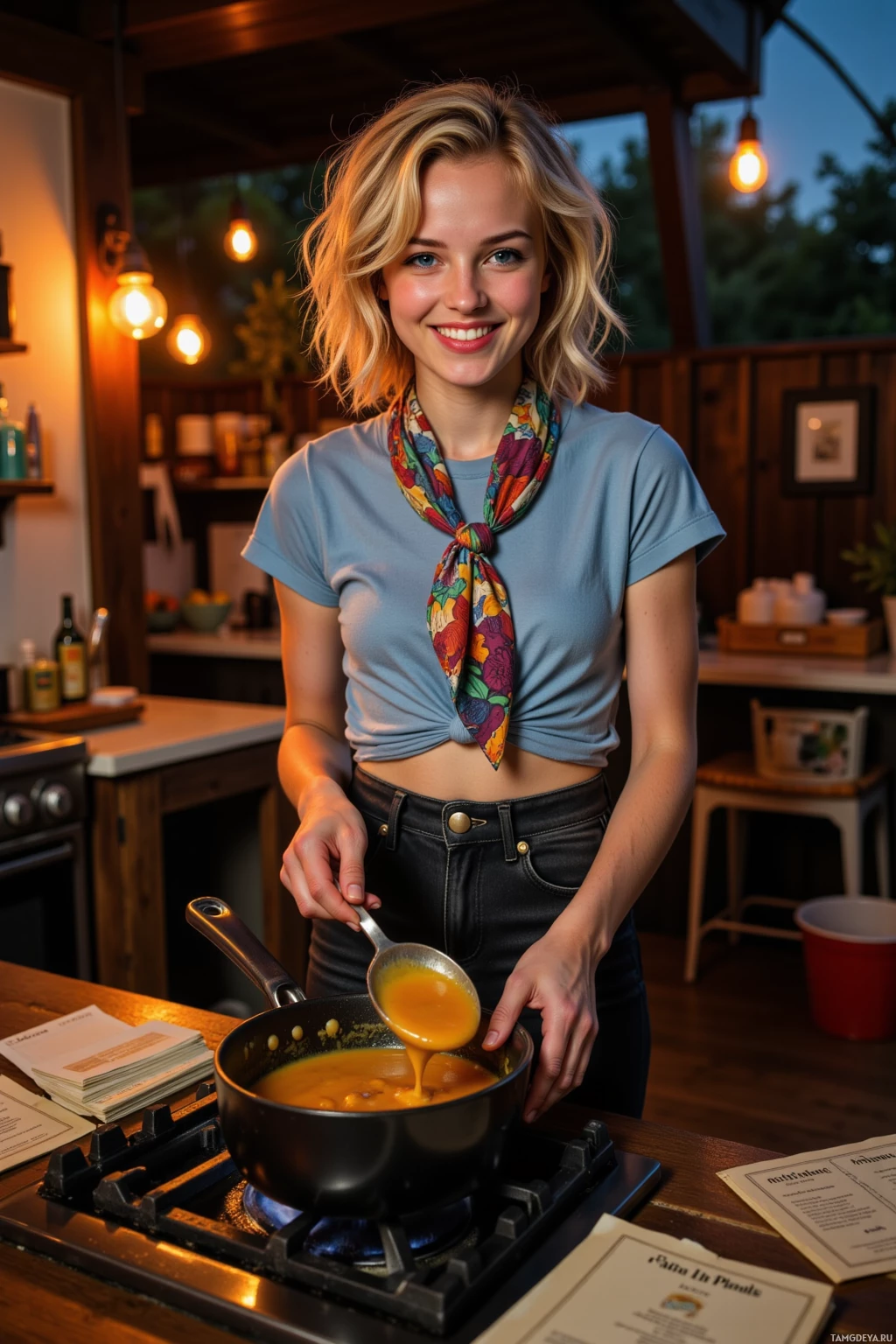 A woman is cooking in a kitchen, pouring soup from a pot into a bowl.