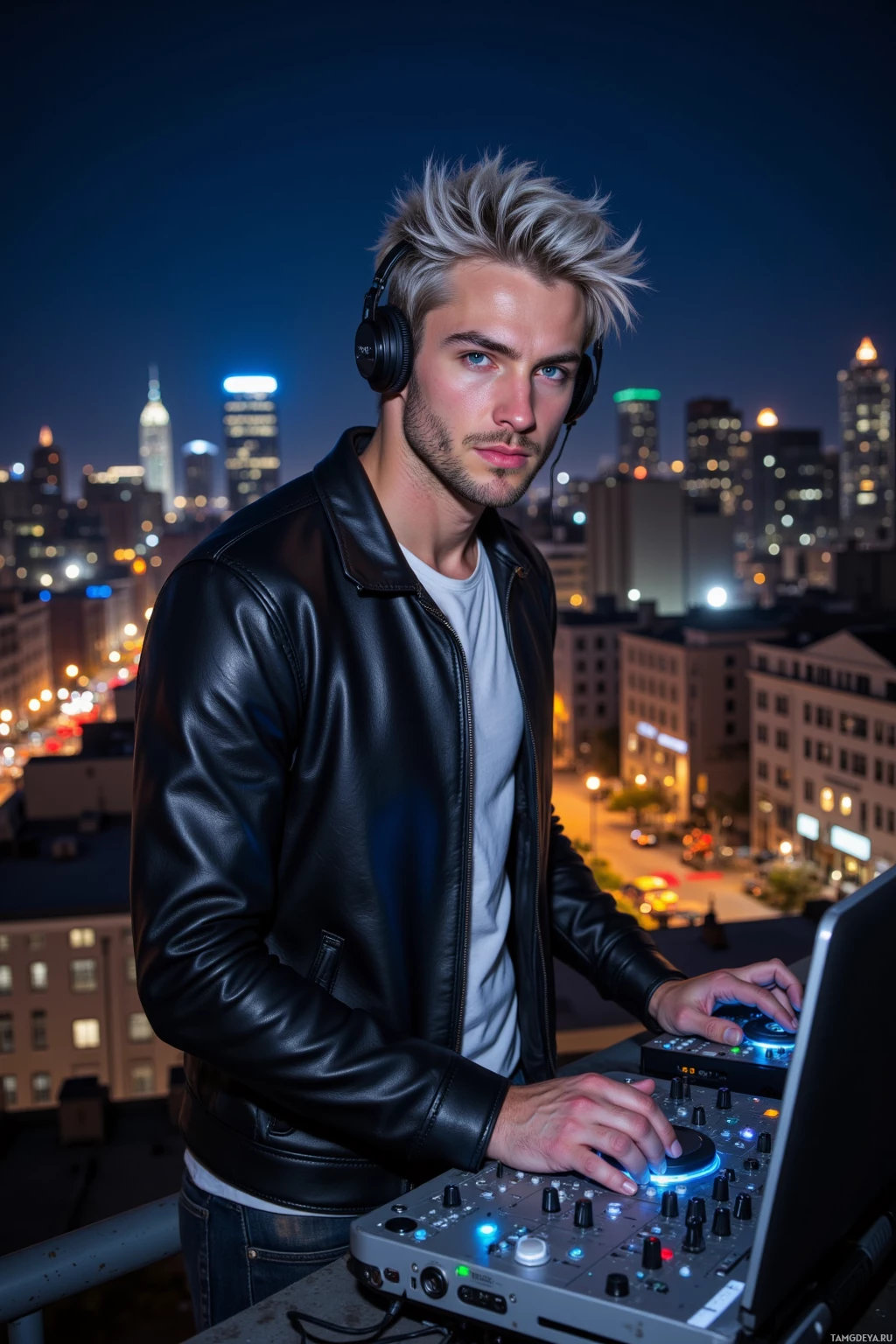 A person wearing a leather jacket and headphones stands on a rooftop at night, operating DJ equipment with a cityscape in the background.