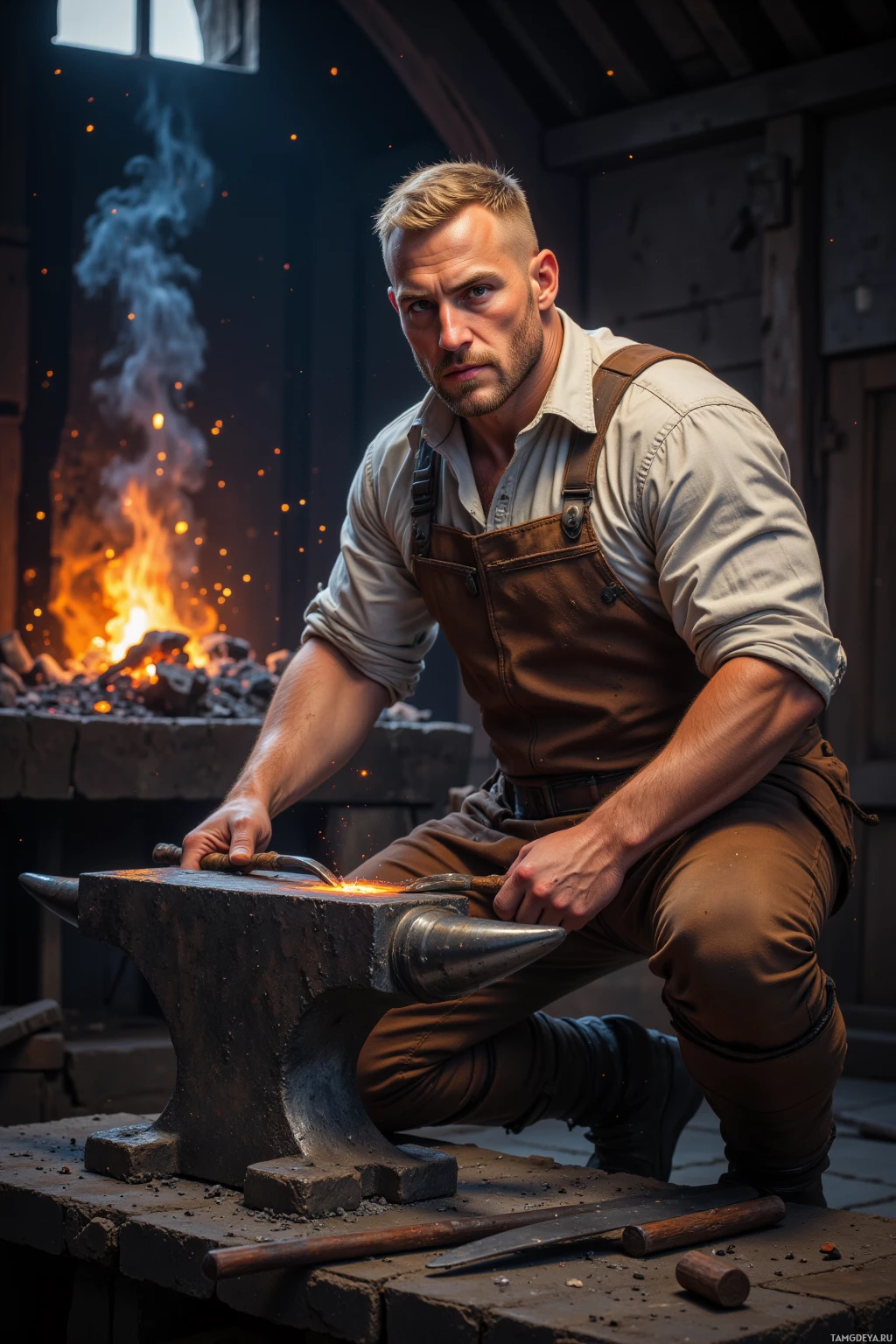 A man in a workshop wearing overalls, kneeling beside an anvil with a forge in the background.
