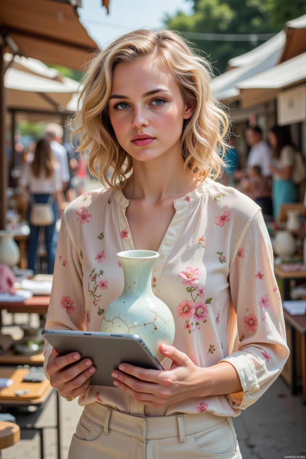 A woman holds a tablet and a vase in an outdoor setting.