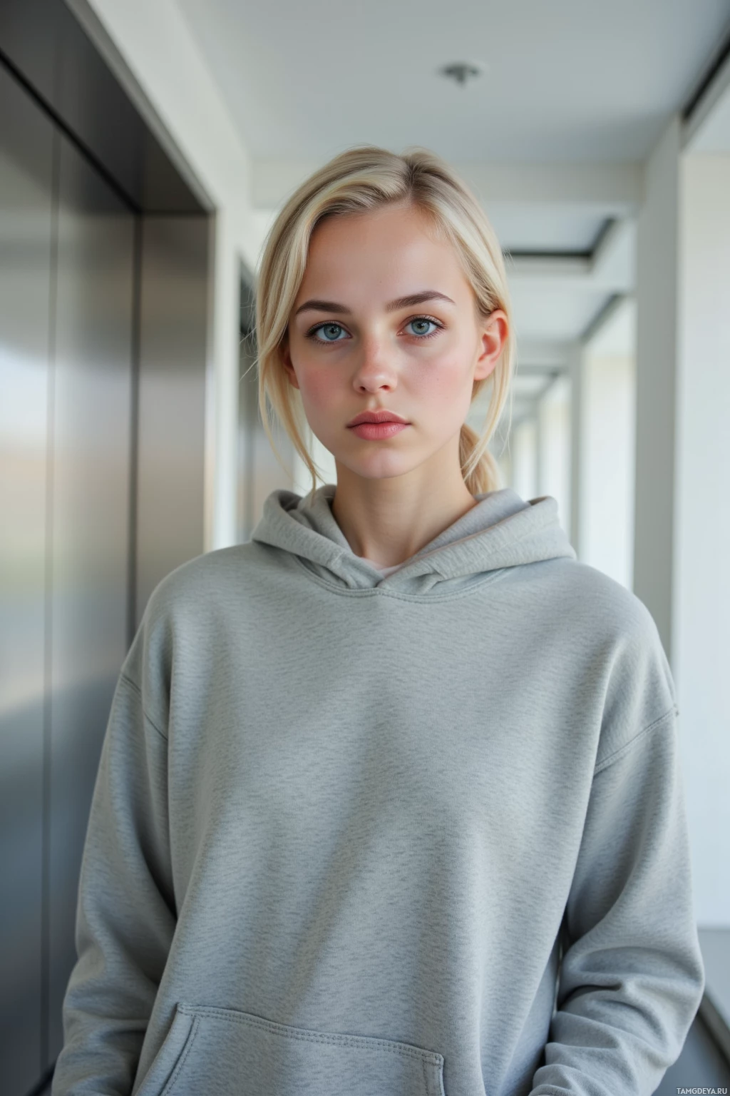 A person wearing a gray hoodie stands in a modern hallway.