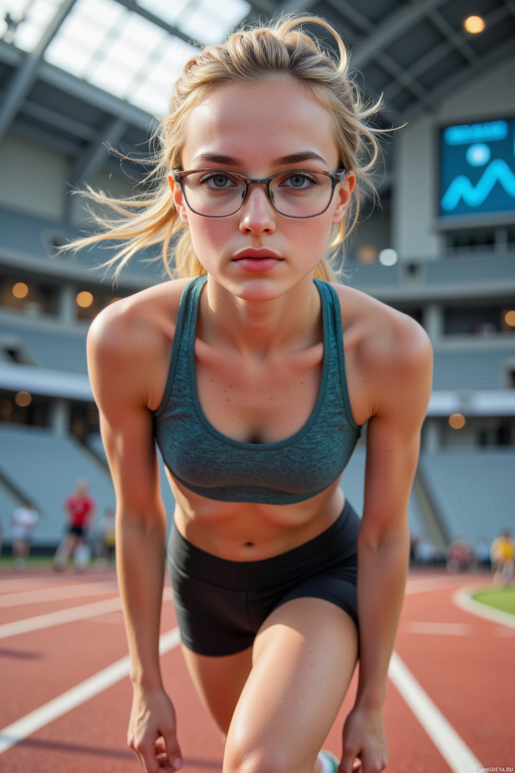A female athlete in a starting position on a track.