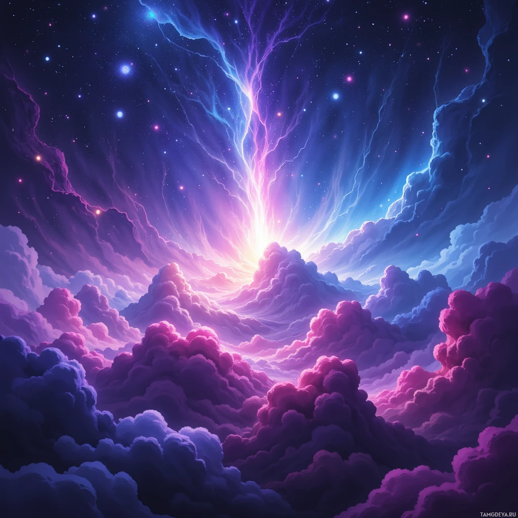 A vibrant cosmic scene with swirling clouds and electric lightning streaks against a starry night sky.