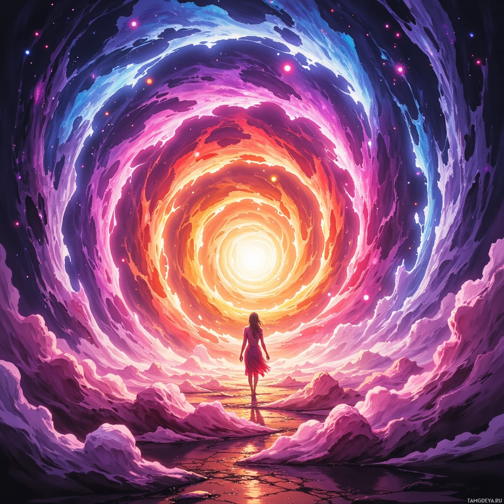A person stands at the entrance of a vibrant, swirling cosmic portal.