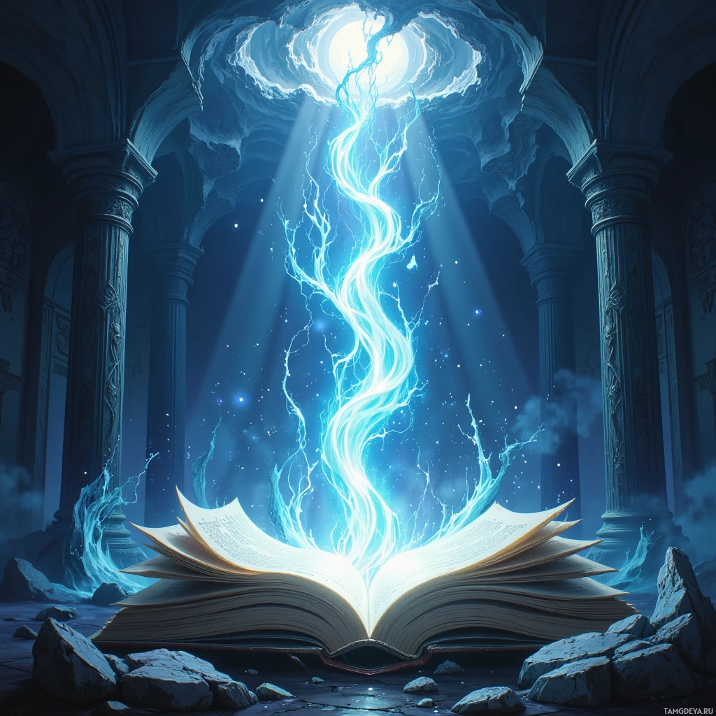 An open book emits a glowing, magical light in a dimly lit, ancient stone chamber.