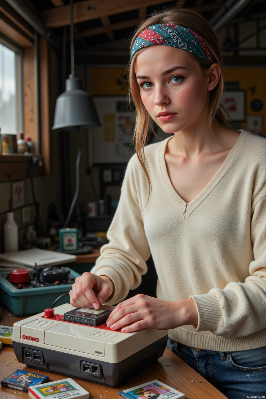 A person wearing a headband and a beige sweater is interacting with a retro-style gaming console.