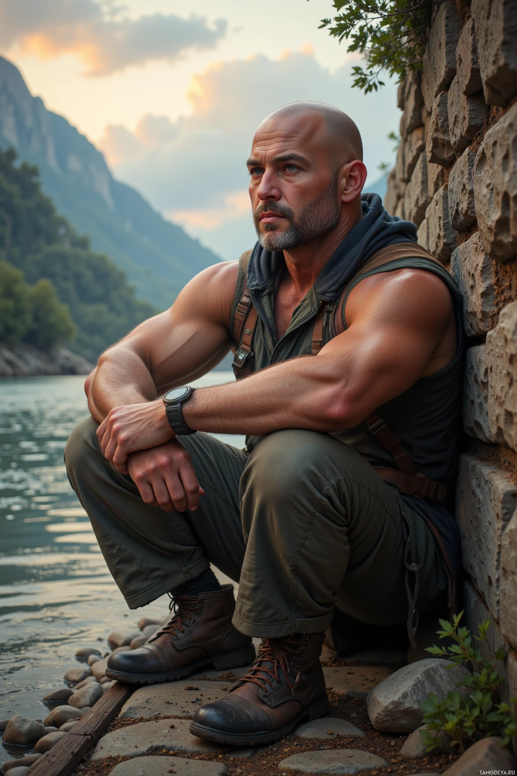 A man with a beard and bald head sits by a river, leaning against a stone wall, wearing a sleeveless shirt and cargo pants.