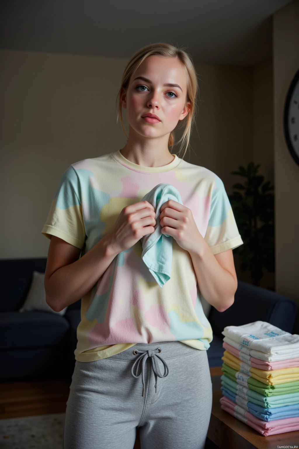 A person wearing a pastel-colored t-shirt and gray sweatpants stands indoors, holding a folded cloth.