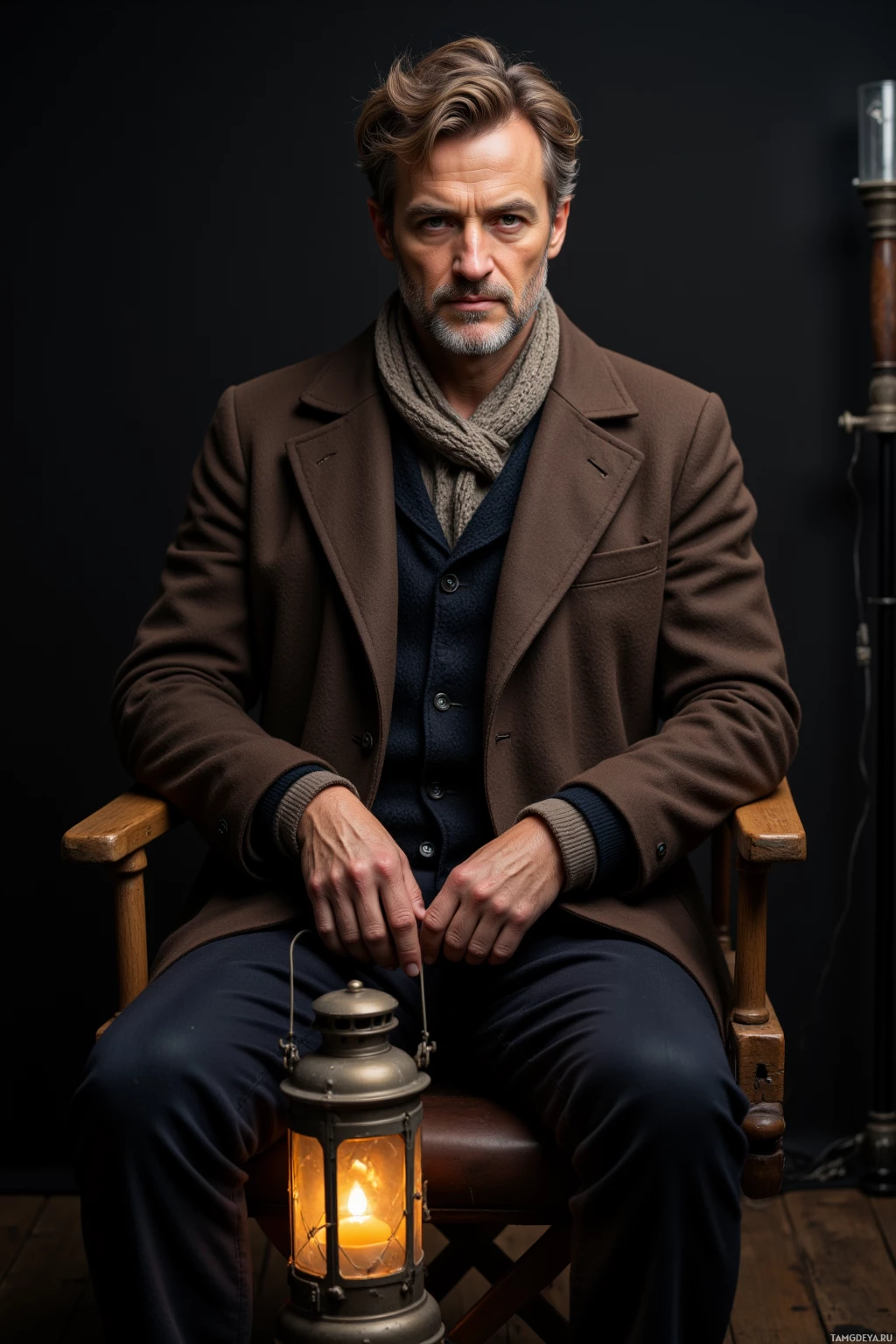 A man in a brown coat and scarf sits on a chair with a lantern beside him.