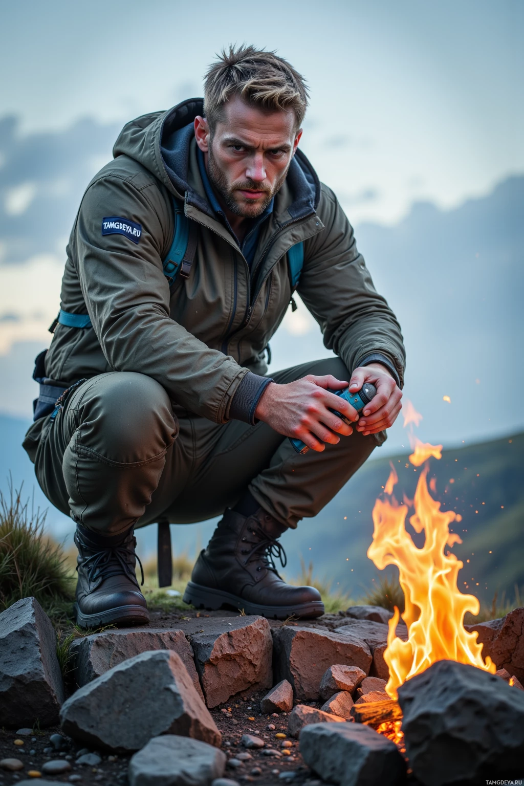 A man in outdoor gear crouches beside a campfire in a rugged, natural setting.