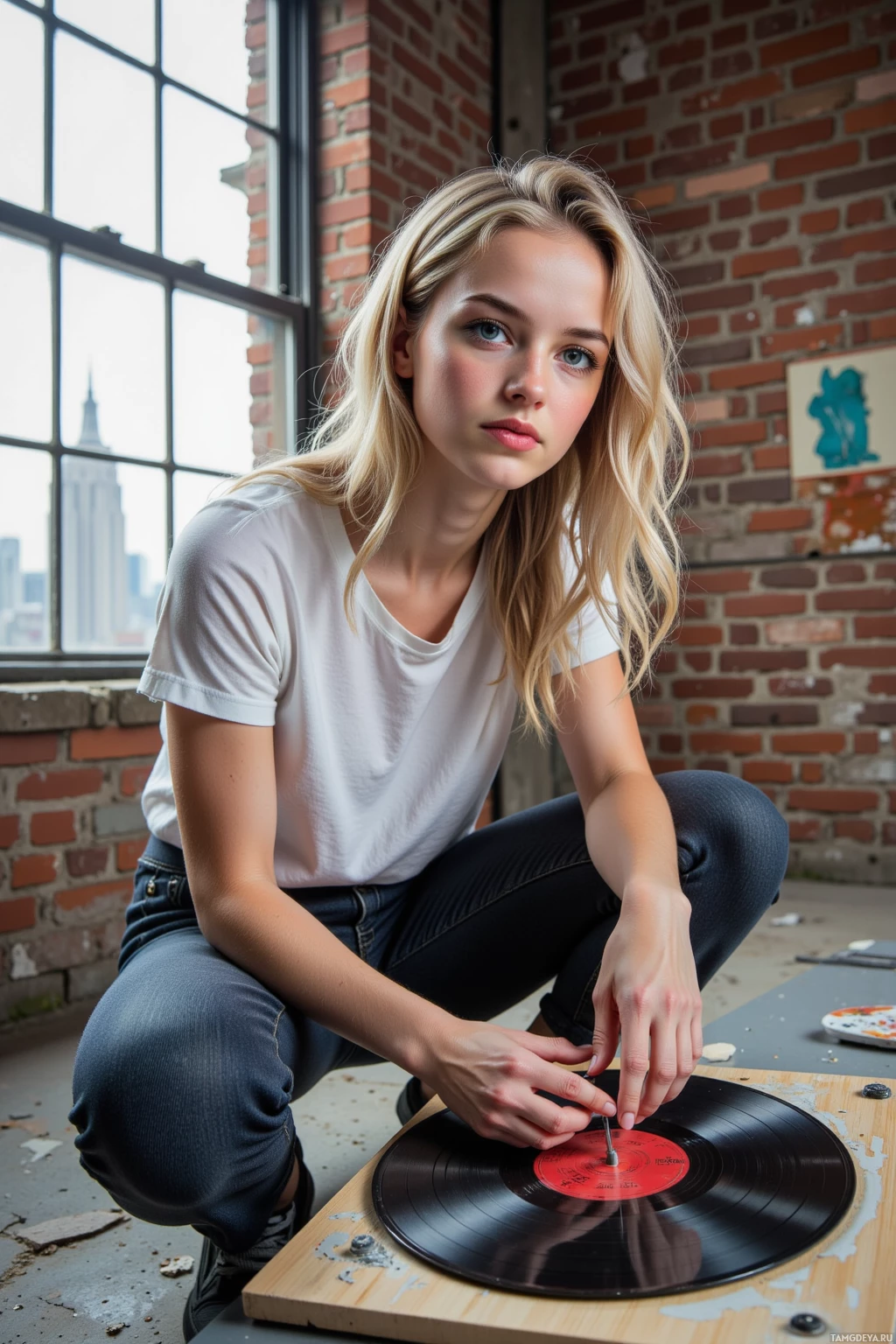 A person in a white shirt and jeans is crouching and interacting with a vinyl record on a wooden surface.