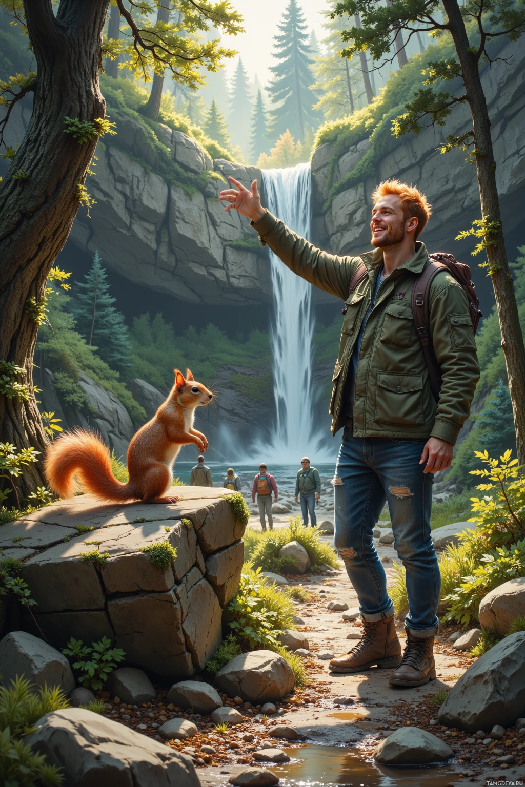 A man stands near a waterfall in a lush forest, interacting with a squirrel on a rock.