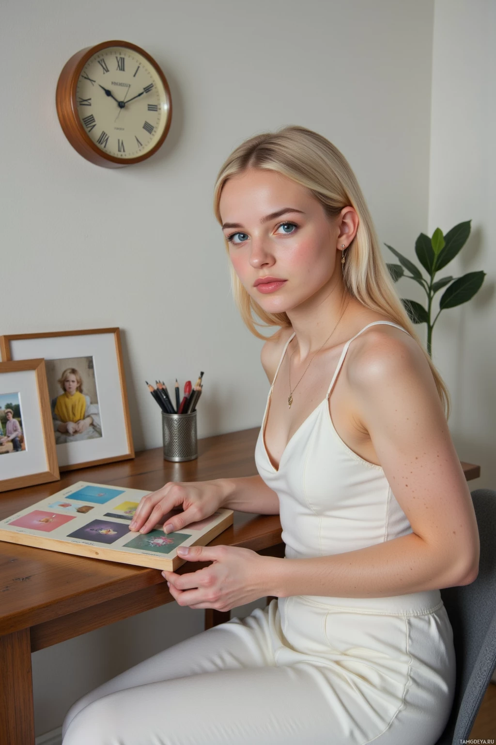 A woman in a white outfit sits at a desk with a clock, framed photos, and a pencil holder in the background.