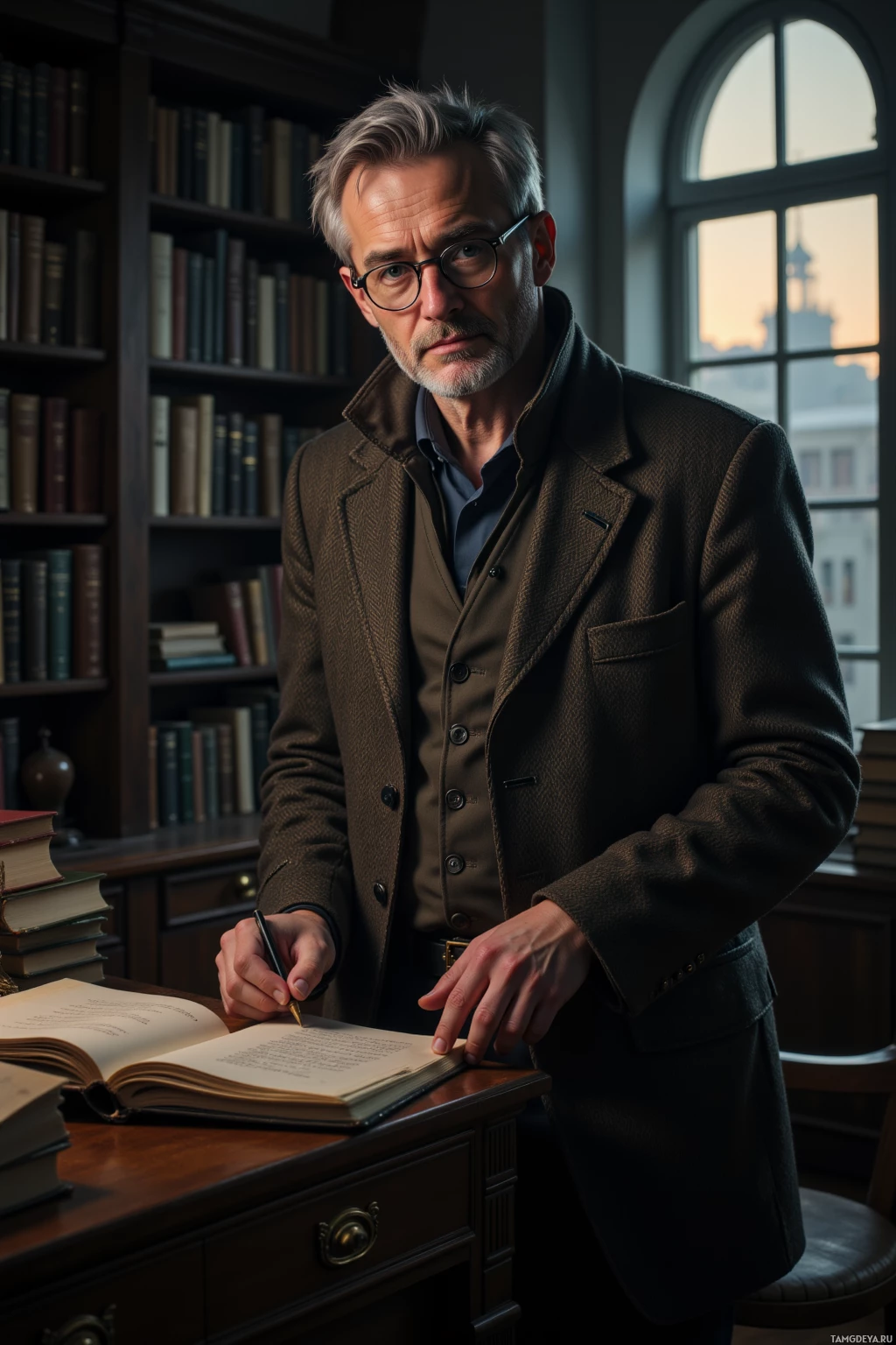 A man in a formal outfit is writing in a book at a desk in a library.