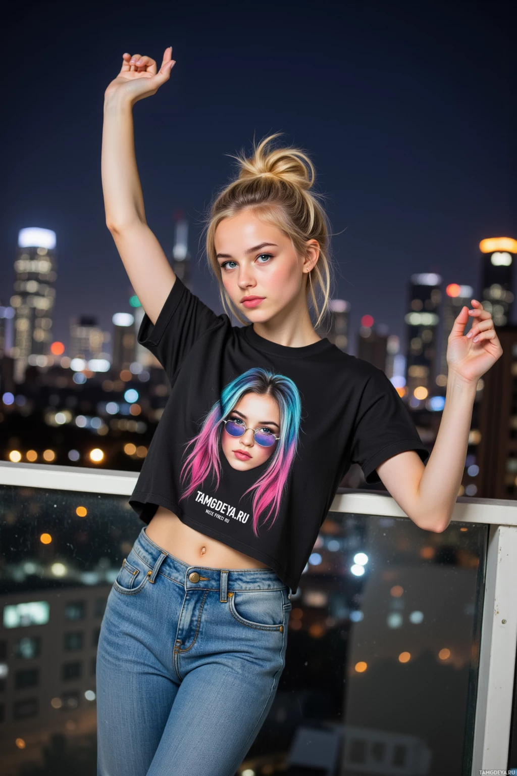 A person wearing a black crop top with a graphic design and jeans stands on a balcony overlooking a cityscape at night.