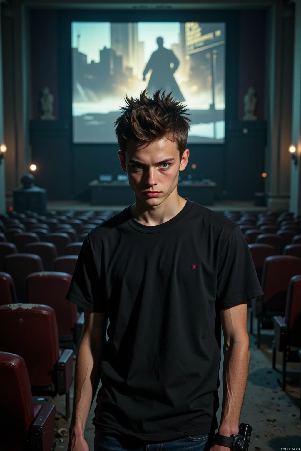 A young man stands in an empty theater, wearing a black t-shirt, with a projected image of a cityscape and a silhouette on the screen behind him.