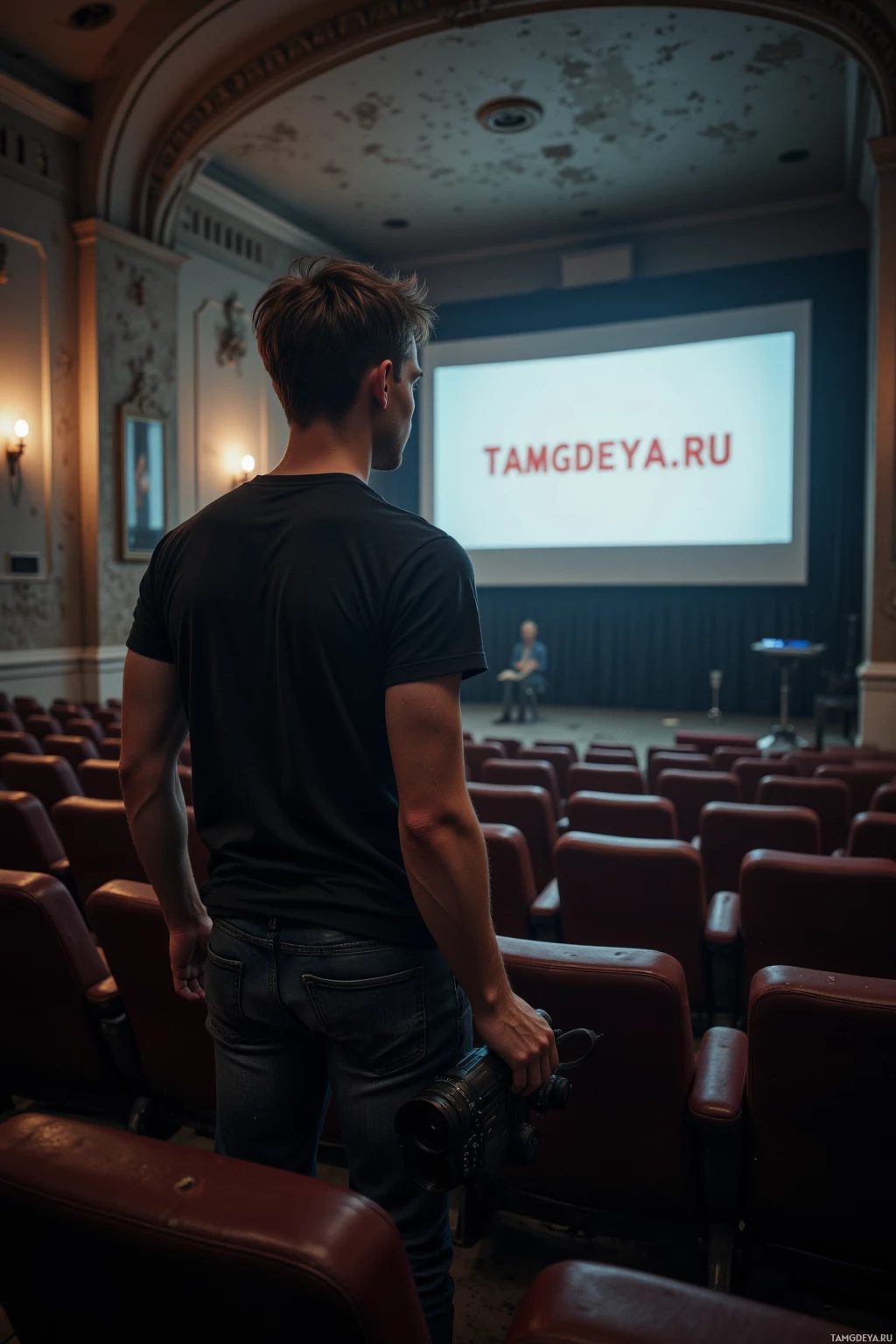A man stands in an empty theater, holding a camera, facing a screen displaying "TAMGDEYA.RU.